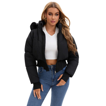 Ladies cropped down jacket with detachable hood and faux fur trim Velina Moda