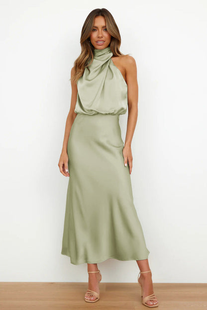Elegant midi dress with asymmetrical round neckline