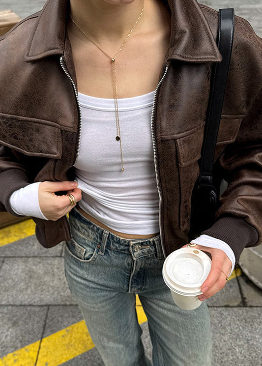 Velina Moda | Distressed Faux Leather Zip Jacket