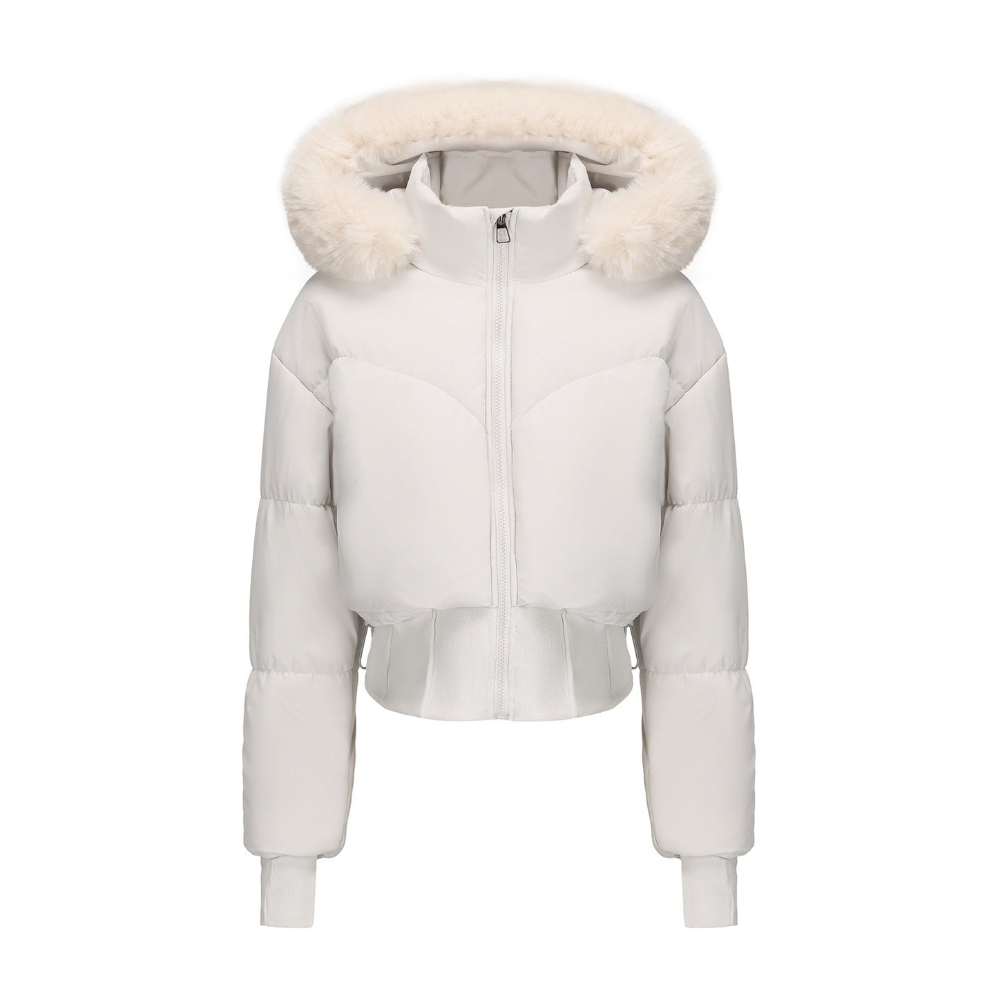 Ladies cropped down jacket with detachable hood and faux fur trim Velina Moda