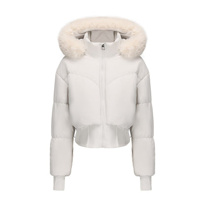 Ladies cropped down jacket with detachable hood and faux fur trim Velina Moda