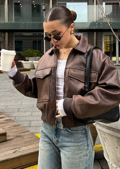 Velina Moda | Distressed Faux Leather Zip Jacket