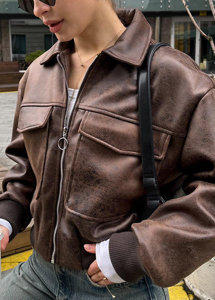 Velina Moda | Distressed Faux Leather Zip Jacket