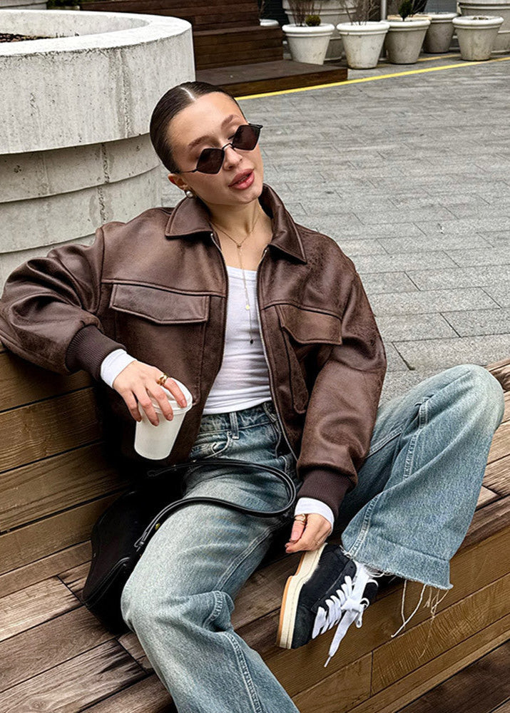 Velina Moda | Distressed Faux Leather Zip Jacket