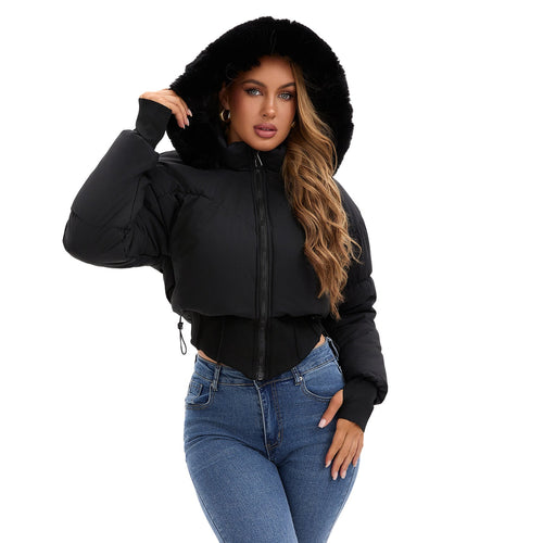 Ladies cropped down jacket with detachable hood and faux fur trim Velina Moda