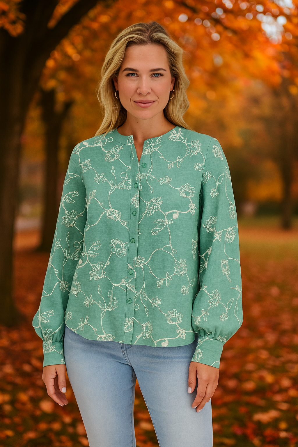 Velina Moda | Green Flower Embroidery Blouse Women Relaxed Fit