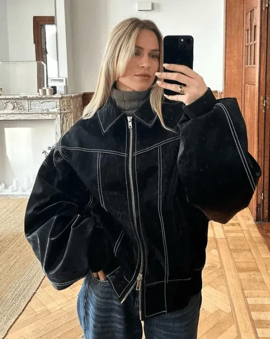 Velina Moda | Leather Jacket - Women's Casual Jacket Black