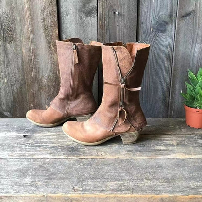 Sienna – Vintage brown cowboy boots with double zipper and comfortable medium heel
