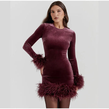 Elegant sheath dress with feather embellishments on the sleeves