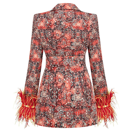 V neck dress blazer with feathers and abstract pattern for ladies