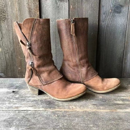 Sienna – Vintage brown cowboy boots with double zipper and comfortable medium heel