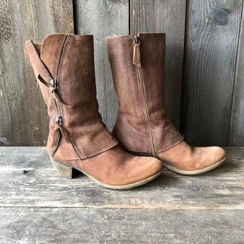Sienna – Vintage brown cowboy boots with double zipper and comfortable medium heel