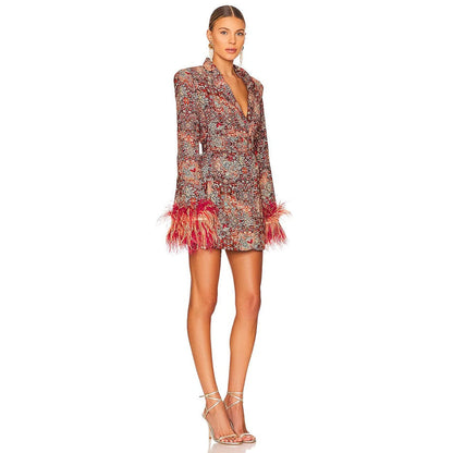 V neck dress blazer with feathers and abstract pattern for ladies