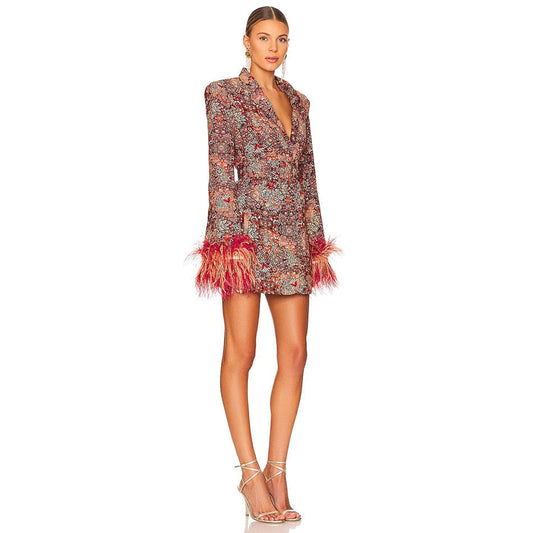 V neck dress blazer with feathers and abstract pattern for ladies