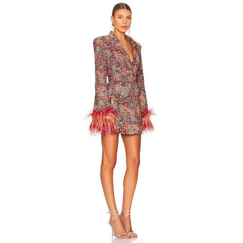 V neck dress blazer with feathers and abstract pattern for ladies