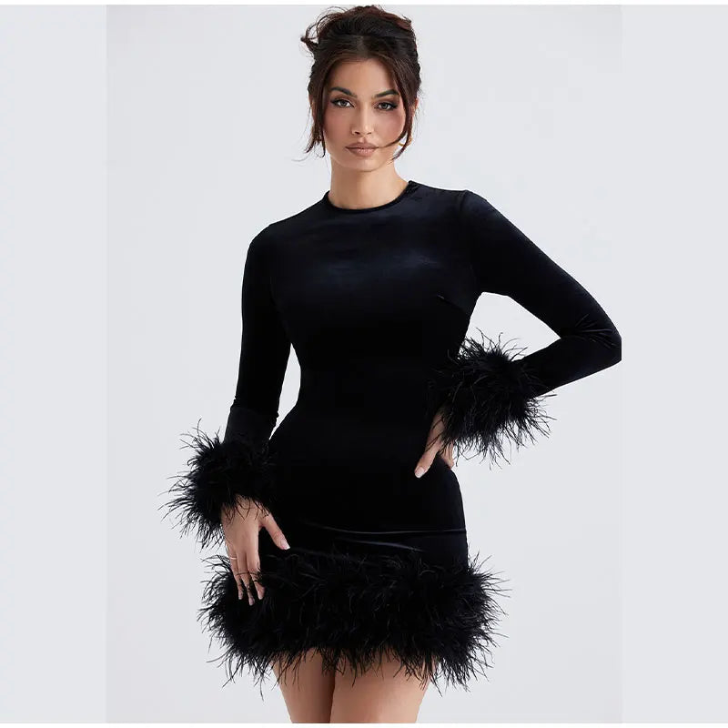 Elegant sheath dress with feather embellishments on the sleeves