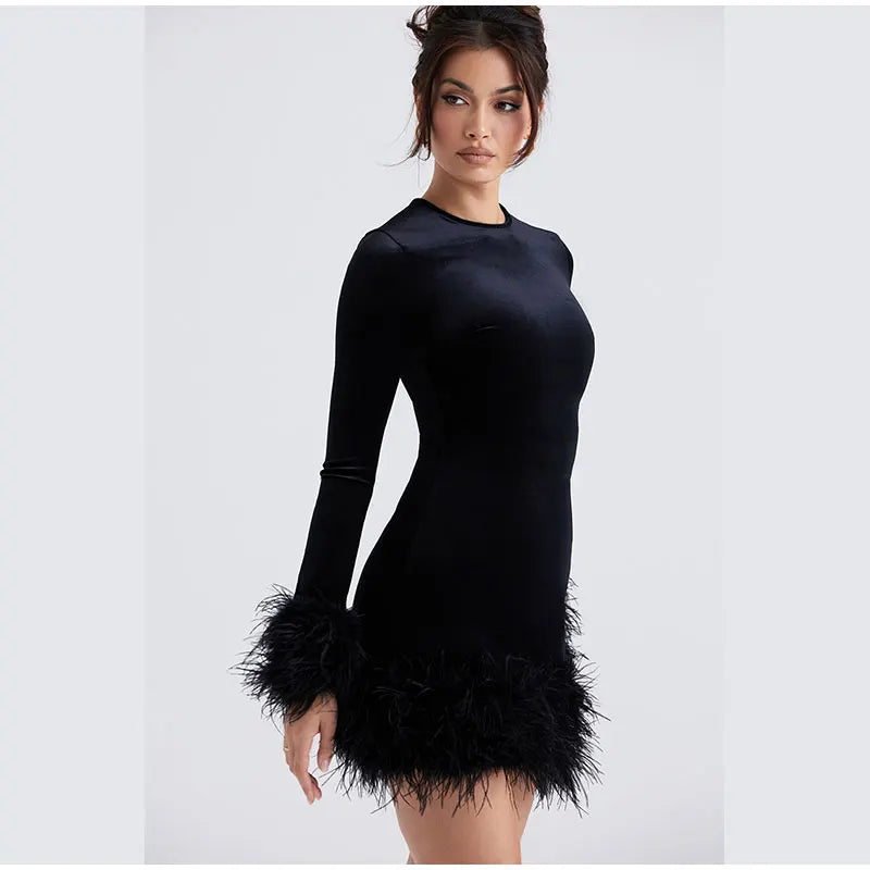 Elegant sheath dress with feather embellishments on the sleeves