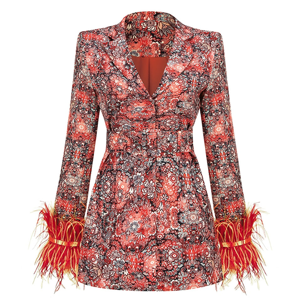 V neck dress blazer with feathers and abstract pattern for ladies