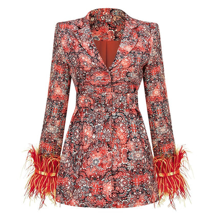 V neck dress blazer with feathers and abstract pattern for ladies