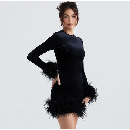 Elegant sheath dress with feather embellishments on the sleeves
