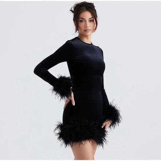Elegant sheath dress with feather embellishments on the sleeves