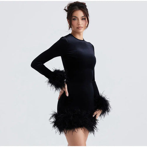 Elegant sheath dress with feather embellishments on the sleeves