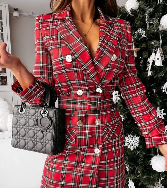 Double-breasted check dress blazer with belt