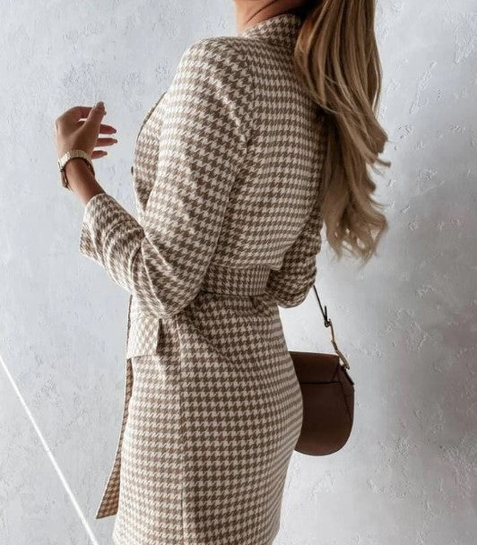 Double-breasted check dress blazer with belt
