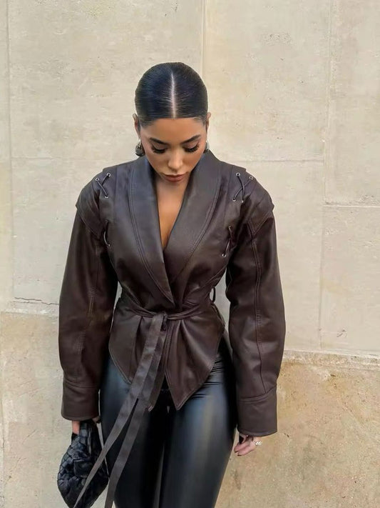 Velina Moda | Leather Lace Lapel Collar Blazer Jacket