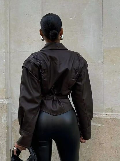 Velina Moda | Leather Lace Lapel Collar Blazer Jacket