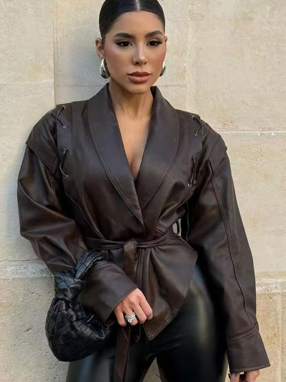 Velina Moda | Leather Lace Lapel Collar Blazer Jacket