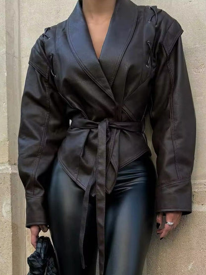 Velina Moda | Leather Lace Lapel Collar Blazer Jacket