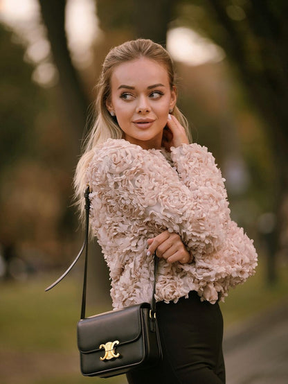 Velina Moda | Textured Cropped Jacket with Long Sleeves