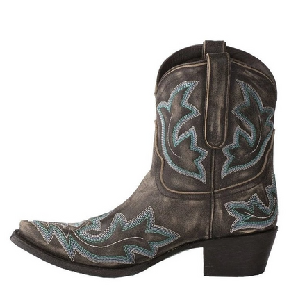 Aquaria – Turquoise cowboy boots with artisanal embroidery and low wooden heel