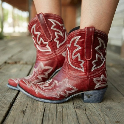Aquaria – Turquoise cowboy boots with artisanal embroidery and low wooden heel