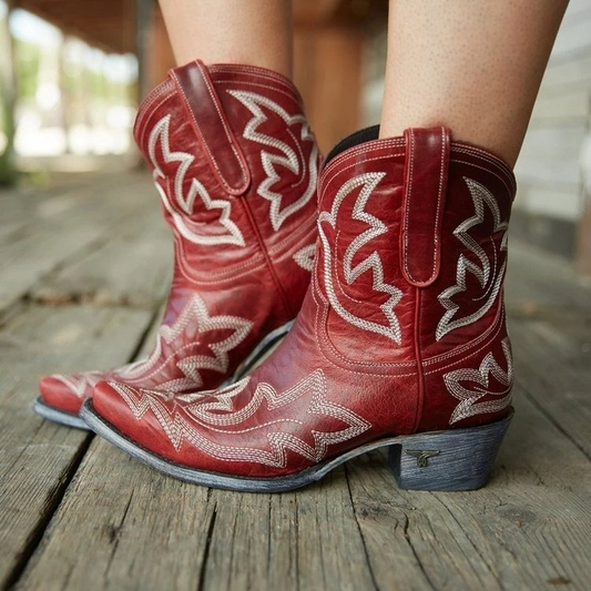 Aquaria – Turquoise cowboy boots with artisanal embroidery and low wooden heel