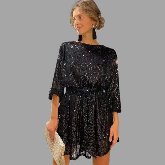 Sequin mini skirt dress, pleated waist and wide sleeves