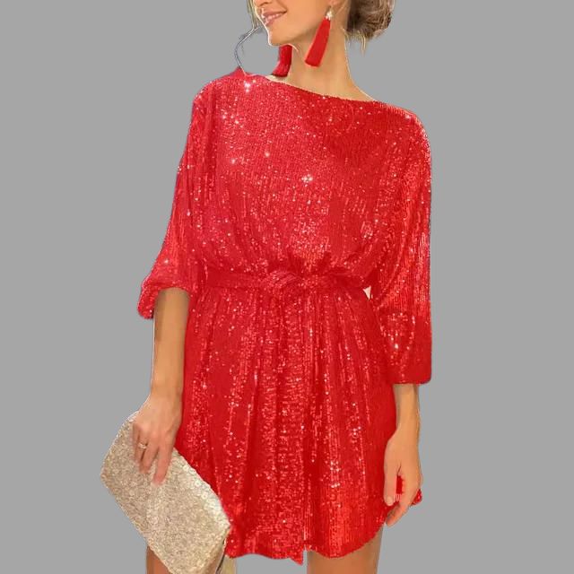 Sequin mini skirt dress, pleated waist and wide sleeves