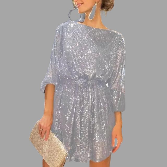 Sequin mini skirt dress, pleated waist and wide sleeves