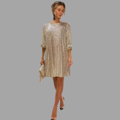 Sequin mini skirt dress, pleated waist and wide sleeves