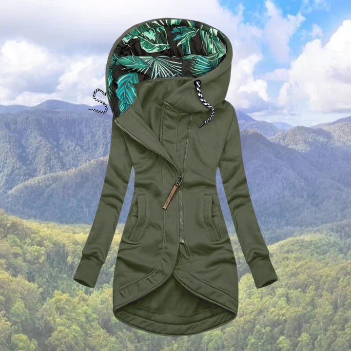 Isla - Women's long jacket with printed hood