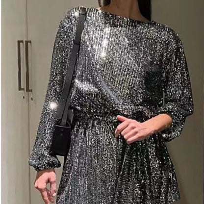 Sequin mini skirt dress, pleated waist and wide sleeves