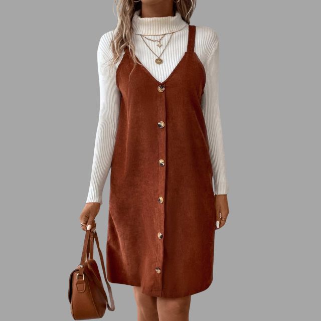Lace-up dress with straps, V-neck and button details