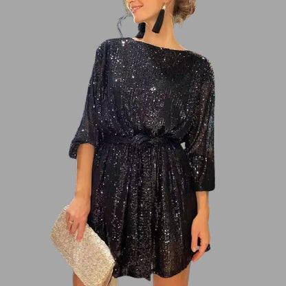 Sequin mini skirt dress, pleated waist and wide sleeves