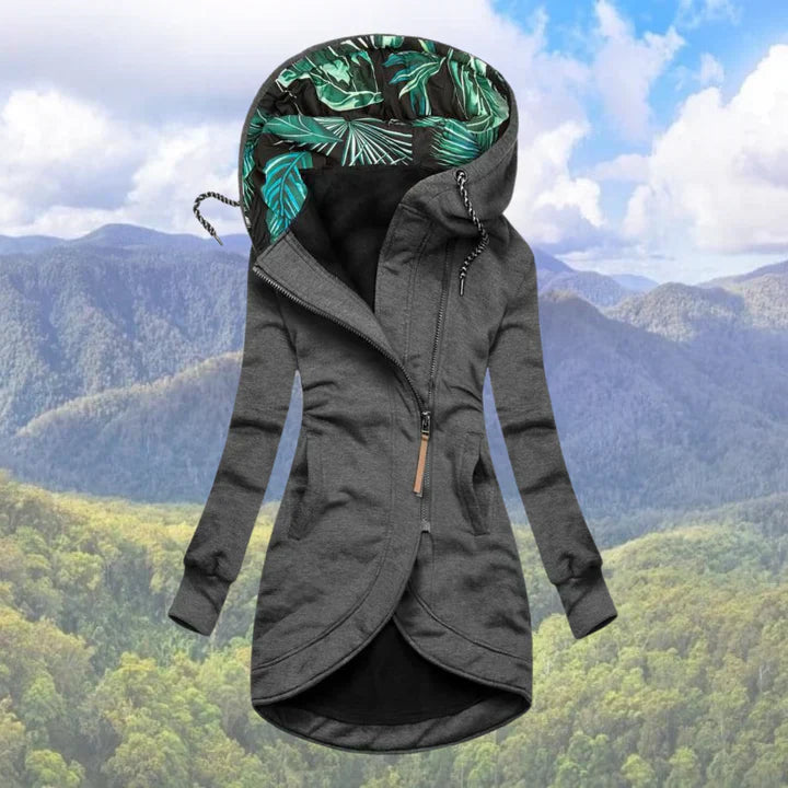 Isla - Women's long jacket with printed hood