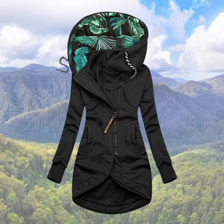 Isla - Women's long jacket with printed hood