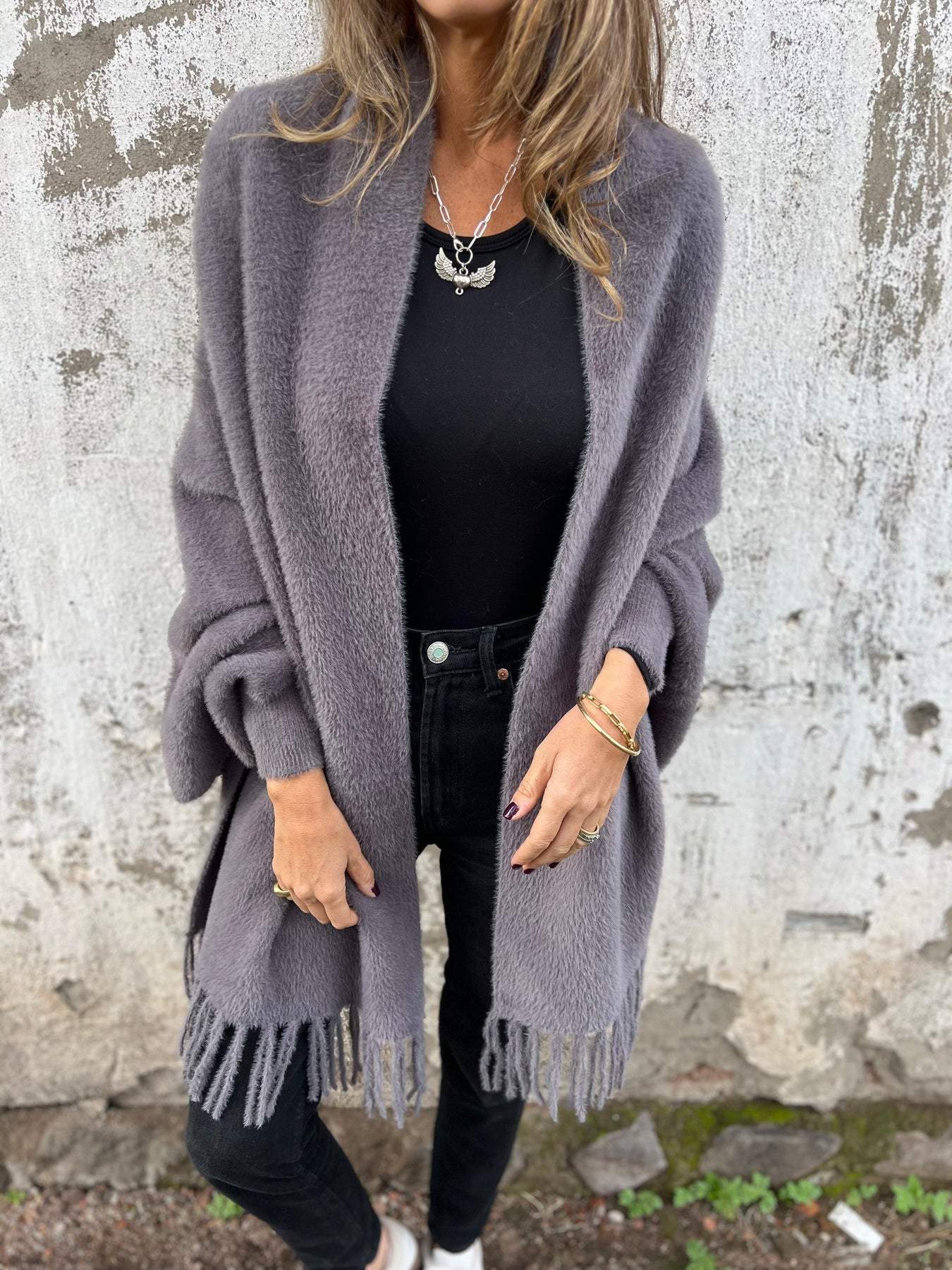 Velina Moda | Women's jacket with fringes - Long women's jacket winter