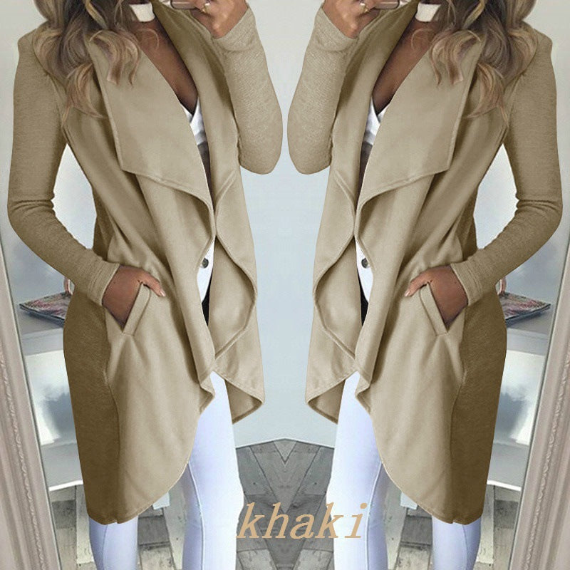 Velina Moda | Solid Color Revers Slim Long Windbreaker Jacket