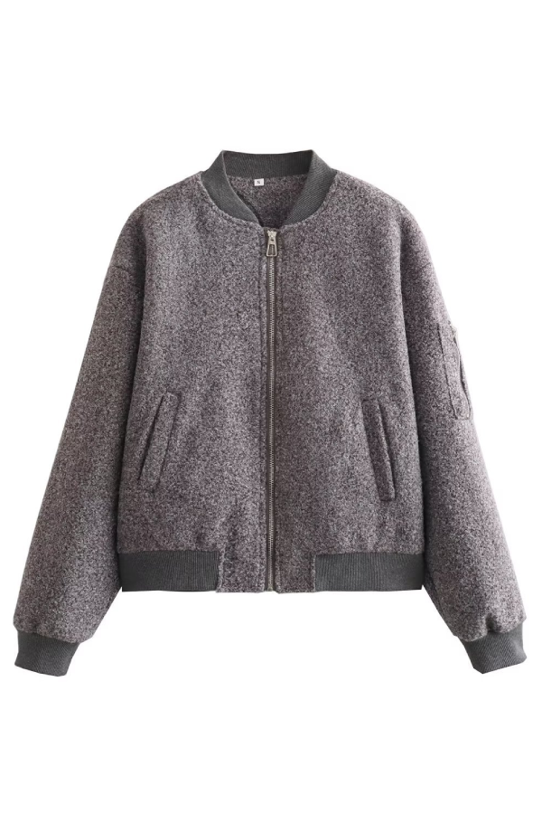 Velina Moda | Collarless Long Sleeve Ribbed Flight Jacket