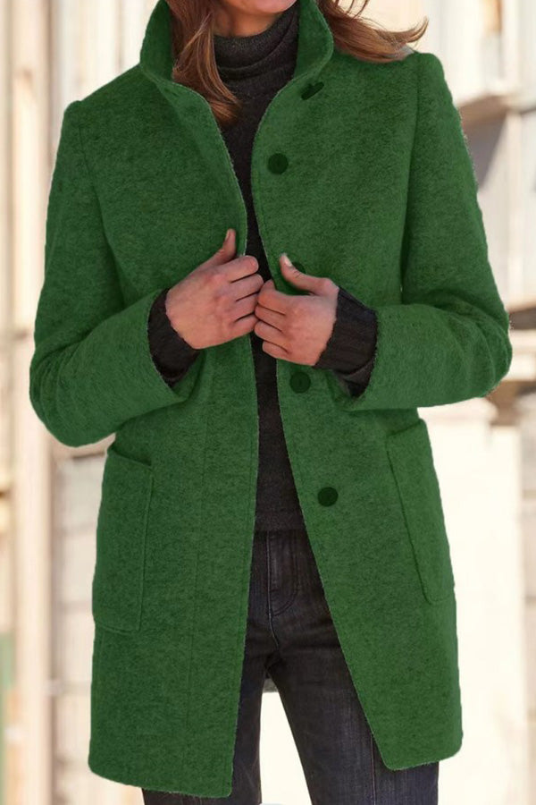 Velina Moda | Solid Color Button Stand Collar Wool Jacket